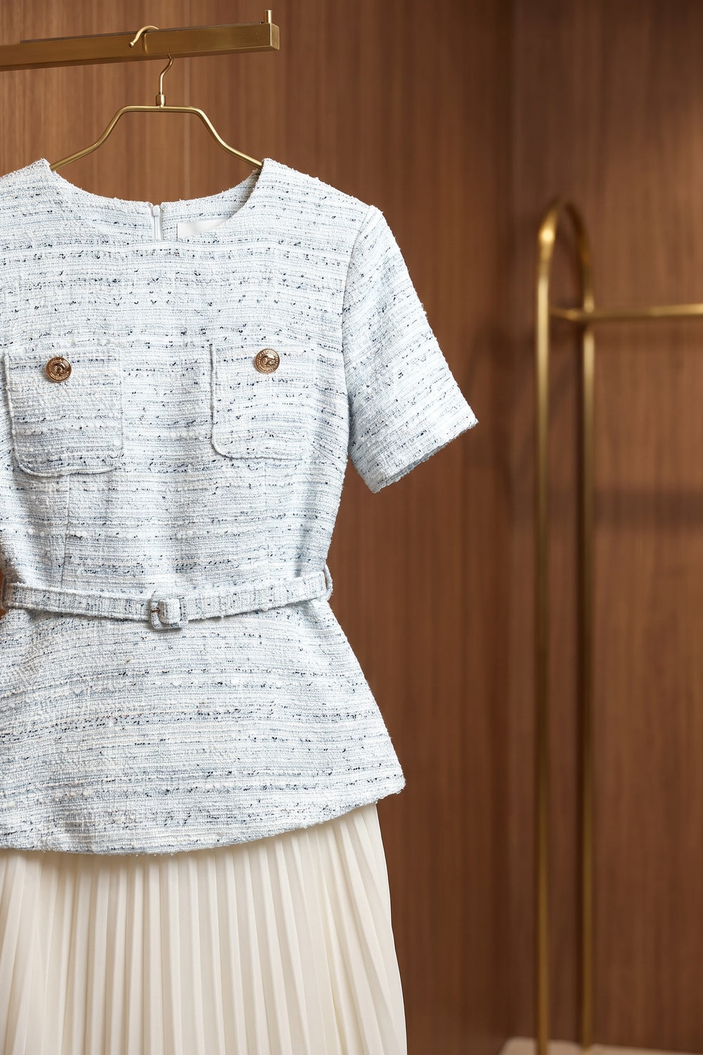 Light Blue Tweed Peplum Top with Pleated Midi Skirt Two-Piece Set light blue, white tweed top, chiffon or lightweight crepe skirt two-piece set - product view 6
