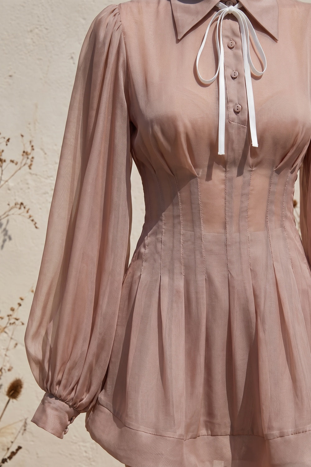 Dusty Rose Chiffon Mini Dress with Puffed Sleeves and Contrast Ribbon Tie Premium Fabric - product view 3