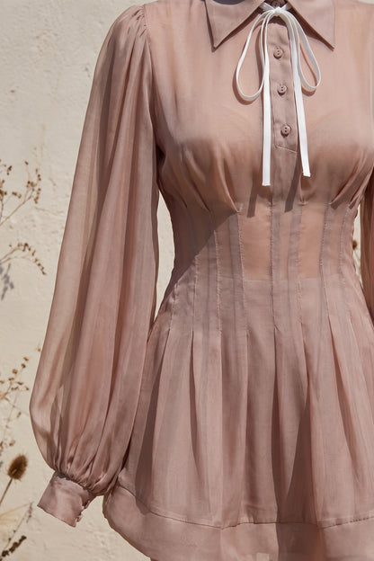 Dusty Rose Chiffon Mini Dress with Puffed Sleeves and Contrast Ribbon Tie Premium Fabric - product view 3