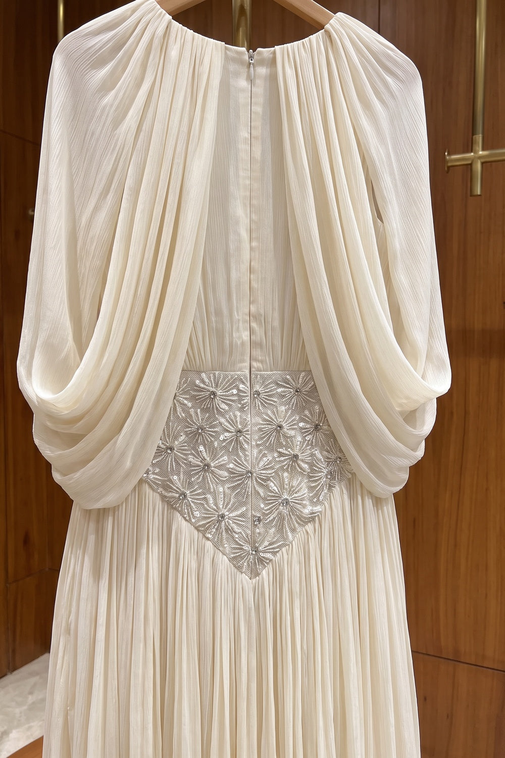 Cream Chiffon A-Line Gown with Cape Sleeves cream chiffon gown - product view 6