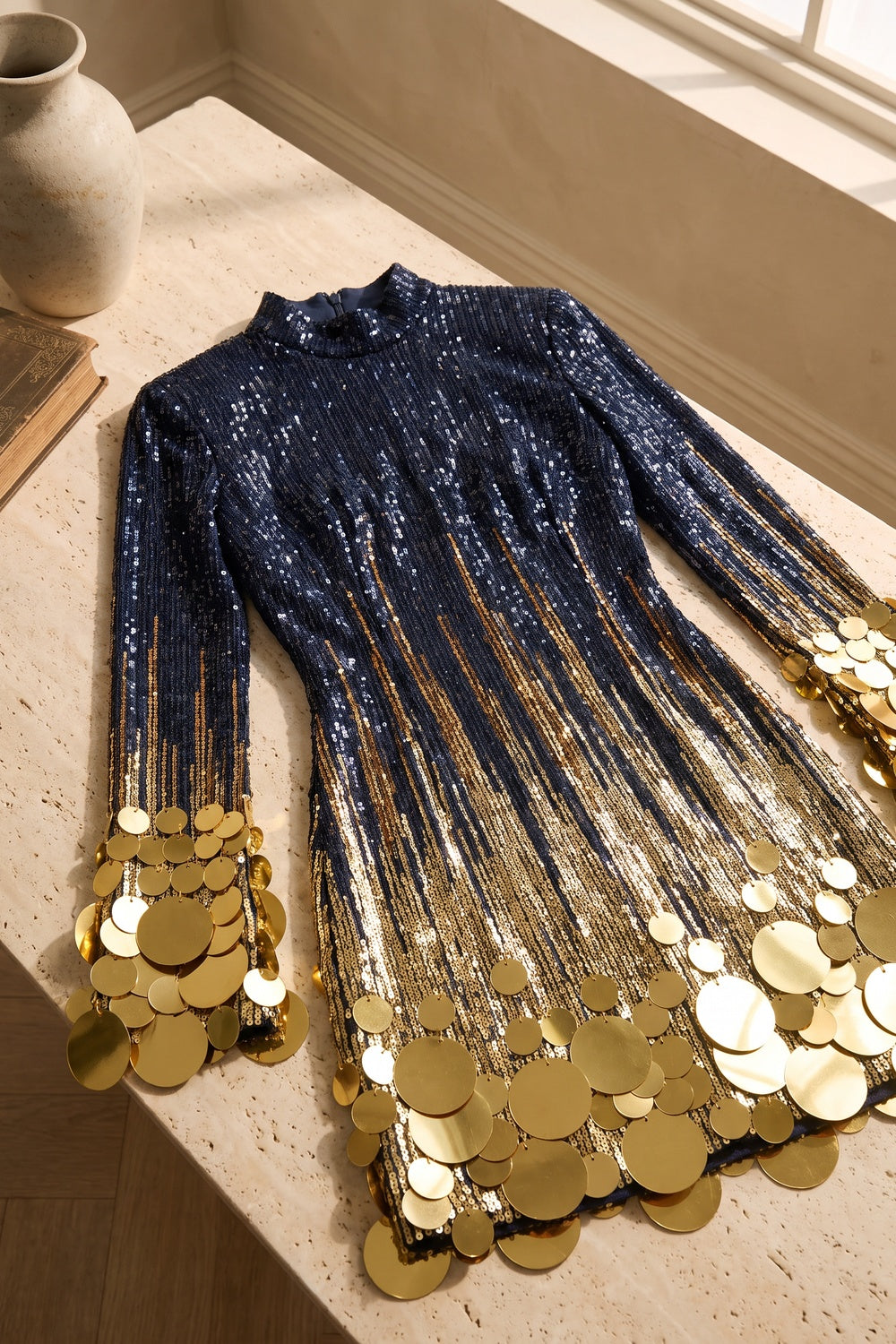 Navy Blue to Gold Ombre Sequin Mini Dress dark navy blue sequined mesh or knit dress - product view 6