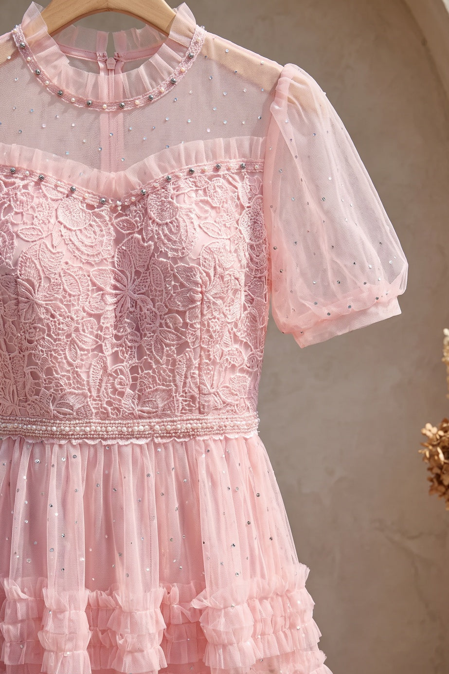 Light Pink Tulle A-Line Tiered Midi Dress light pink tulle midi dress - product view 6