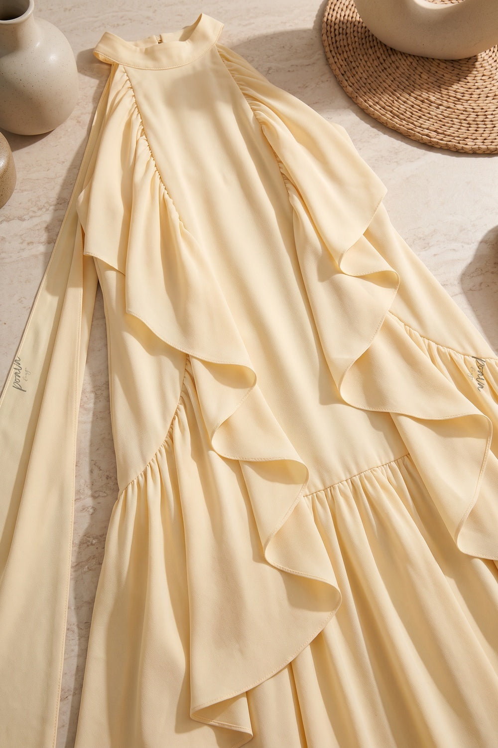 Pale Yellow Tiered A-Line Maxi Dress with Cascading Ruffles pale yellow lightweight crepe or georgette maxi dress - product view 6