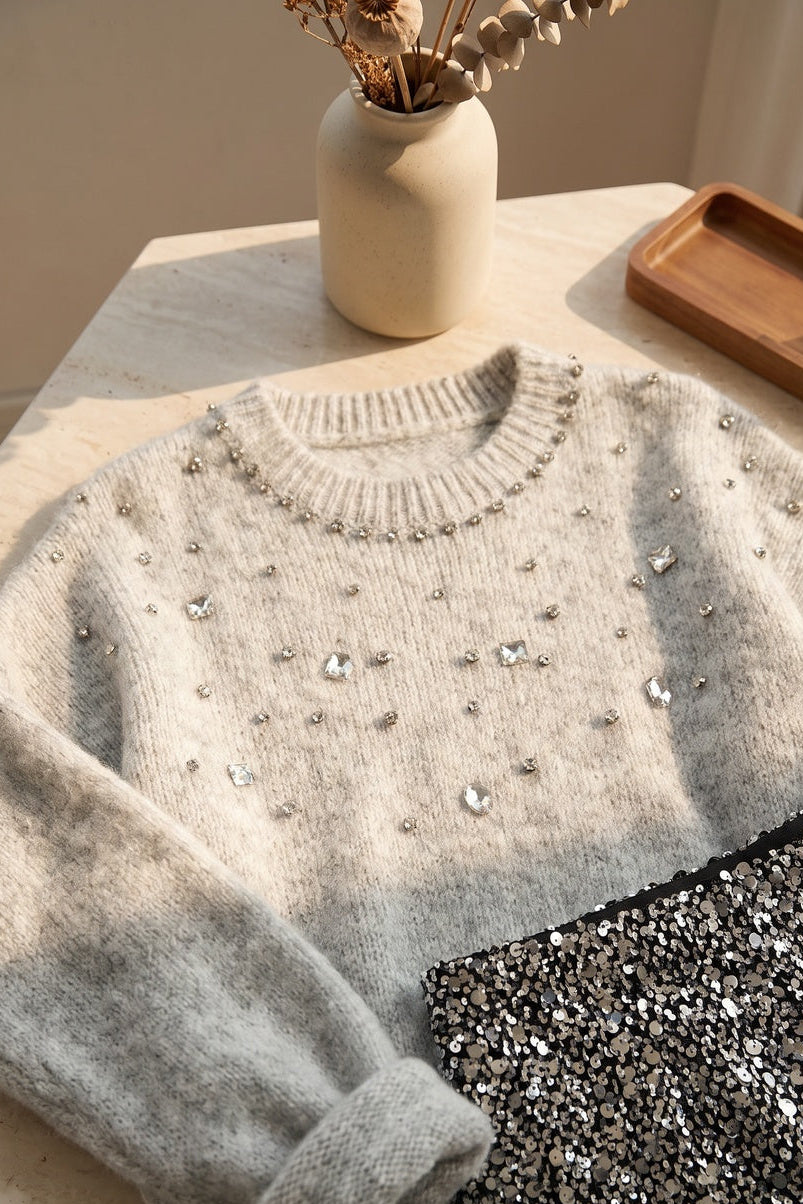 Heather Grey Fuzzy Knit Sweater with Sequin Mini Skirt Two-Piece Set Heather grey, Silver, Black Fuzzy, heathered knit (sweater); sequined woven fabric (skirt) Two-piece outfit (sweater and skirt) - product view 6