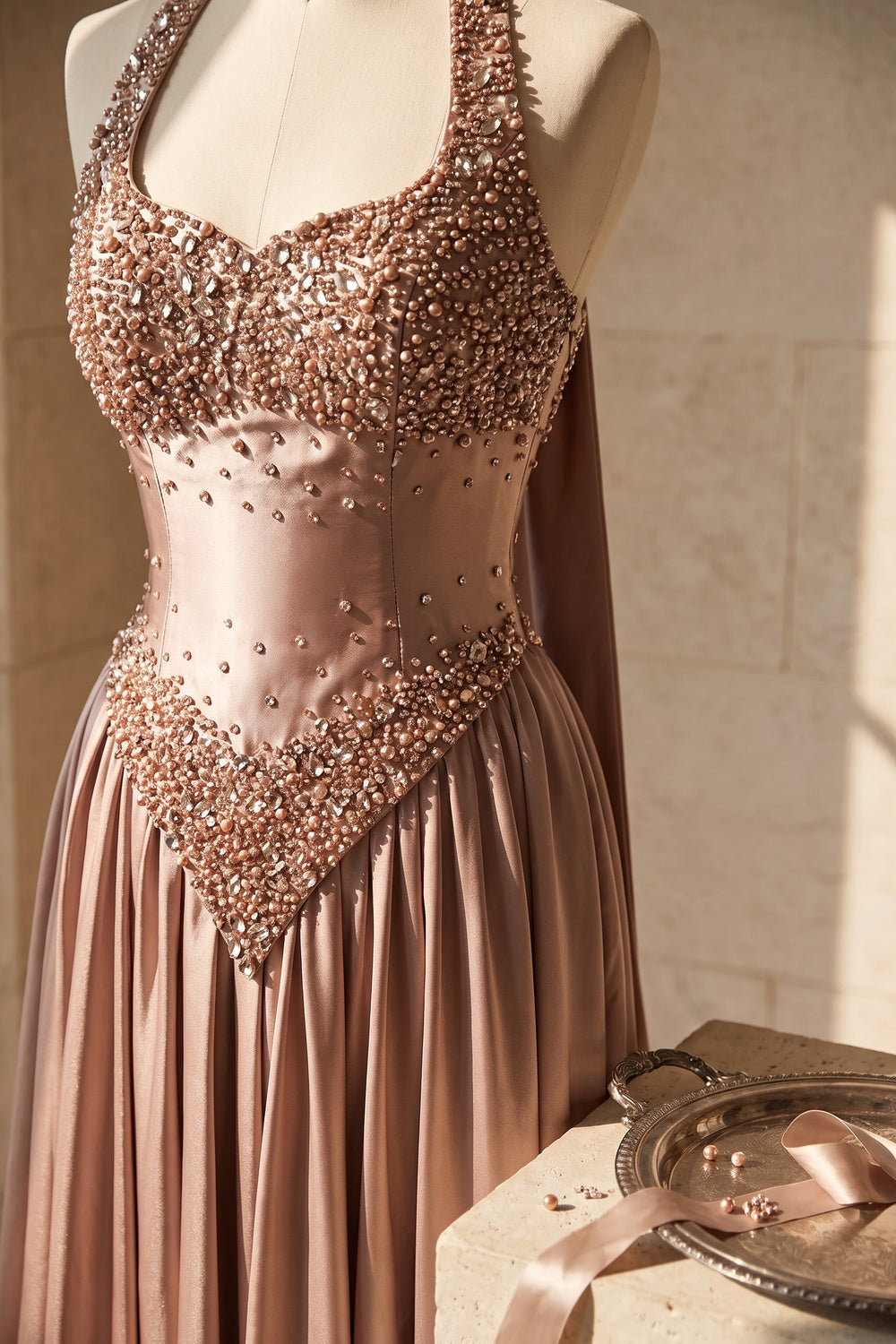 Rose Gold Satin A-Line Evening Gown rose gold, dusty rose satin evening gown - product view 6