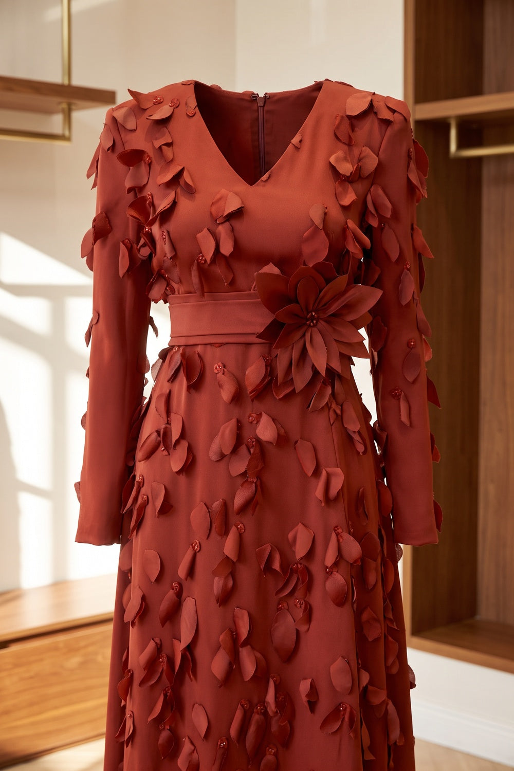 Rust Red Satin-Crepe A-Line Evening Gown with 3D Leaf Appliqués rust red satin-crepe evening gown - product view 6