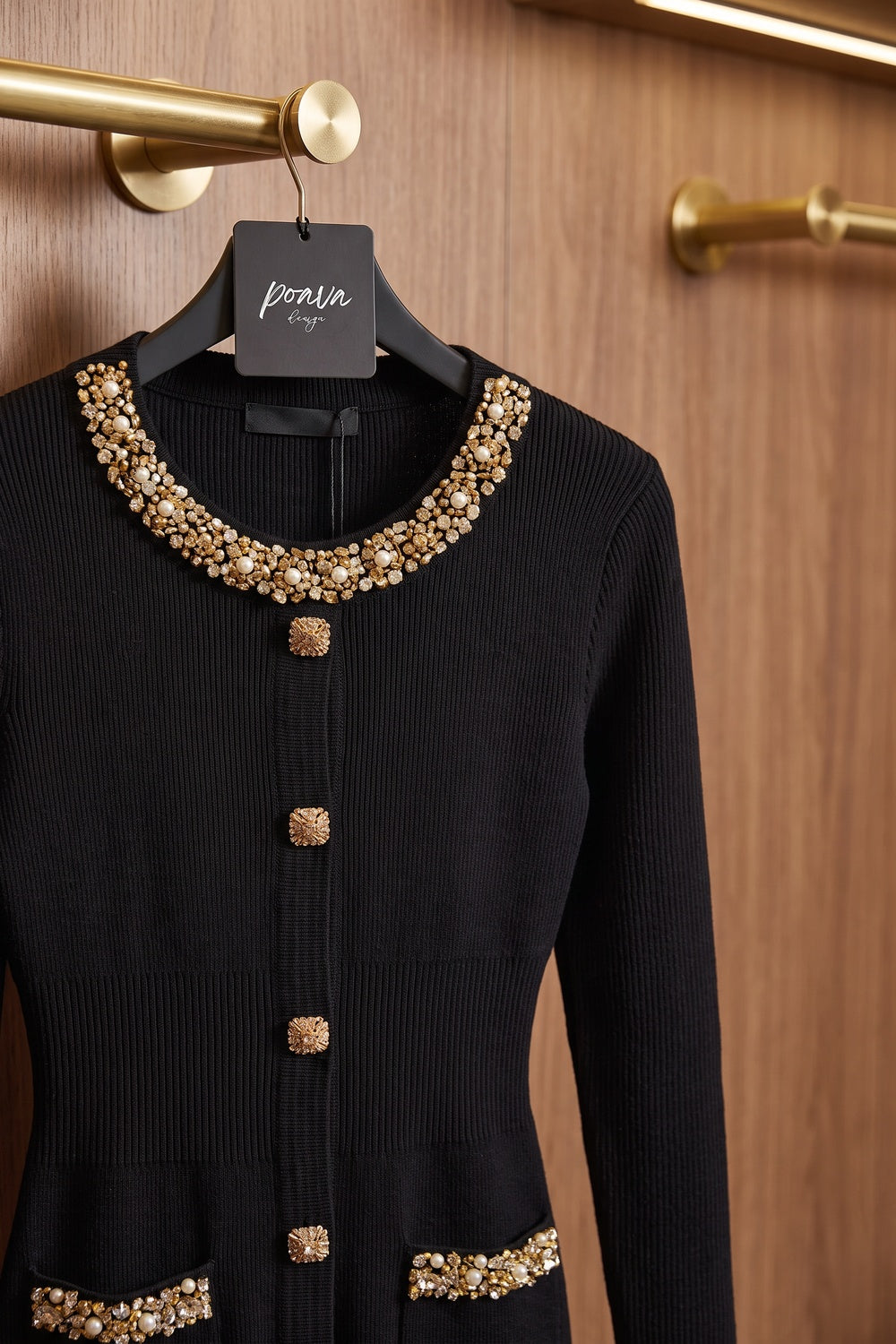 Black Ribbed Knit Bodycon Mini Dress with Gold Embellishment black ribbed knit dress - product view 6