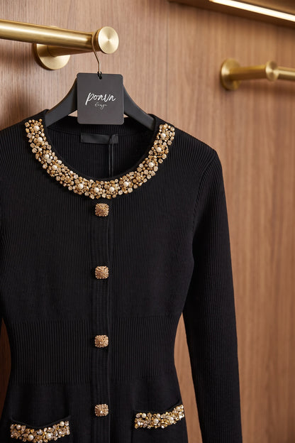 Black Ribbed Knit Bodycon Mini Dress with Gold Embellishment black ribbed knit dress - product view 6