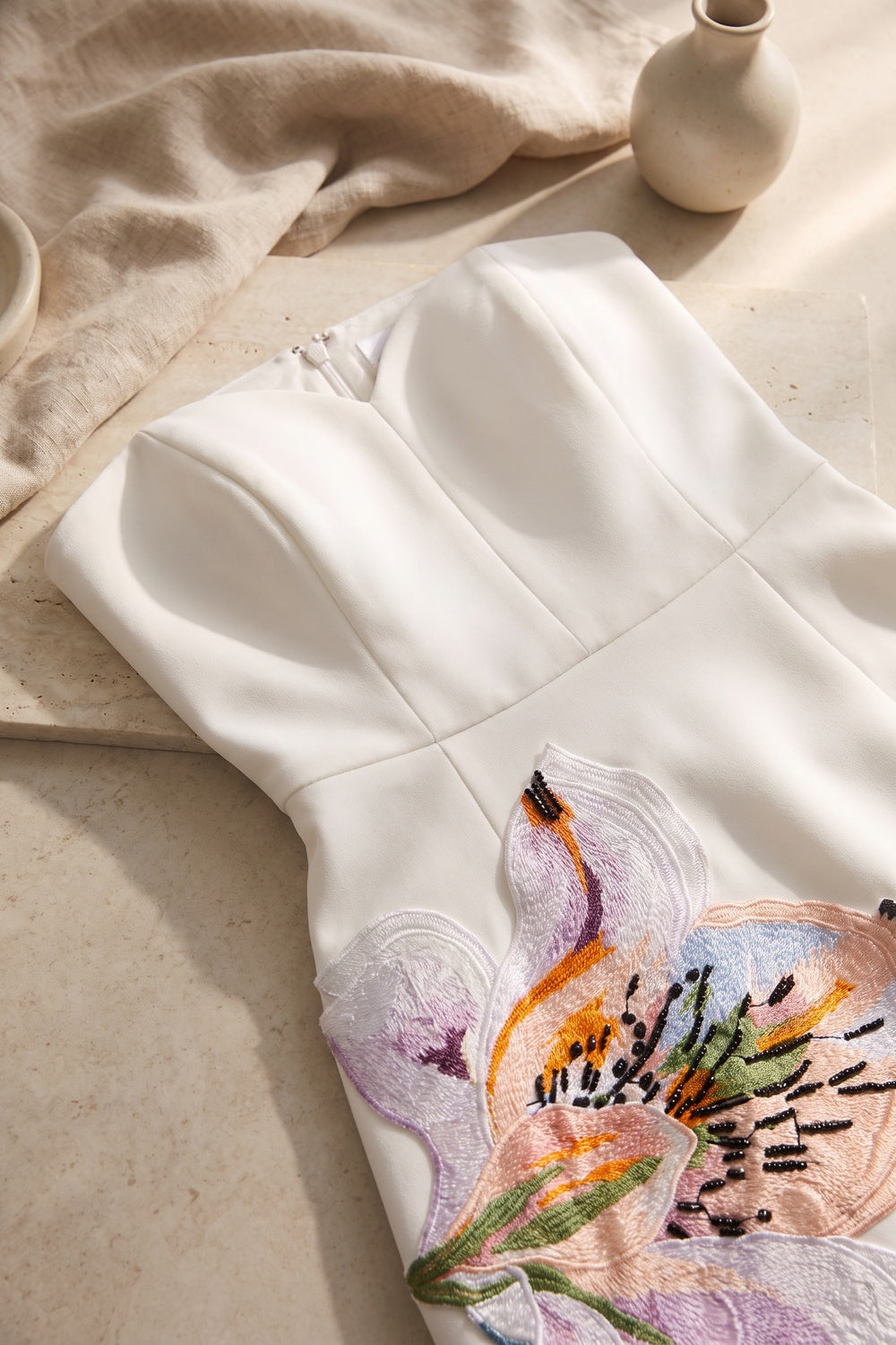 White Structured Crepe Mini Dress with Floral Embroidered Appliques white structured crepe dress - product view 6