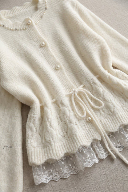 Cream Fuzzy Knit Wool Blend Peplum Cardigan with Lace Hem cream, ivory fuzzy knit wool blend cardigan - product view 6