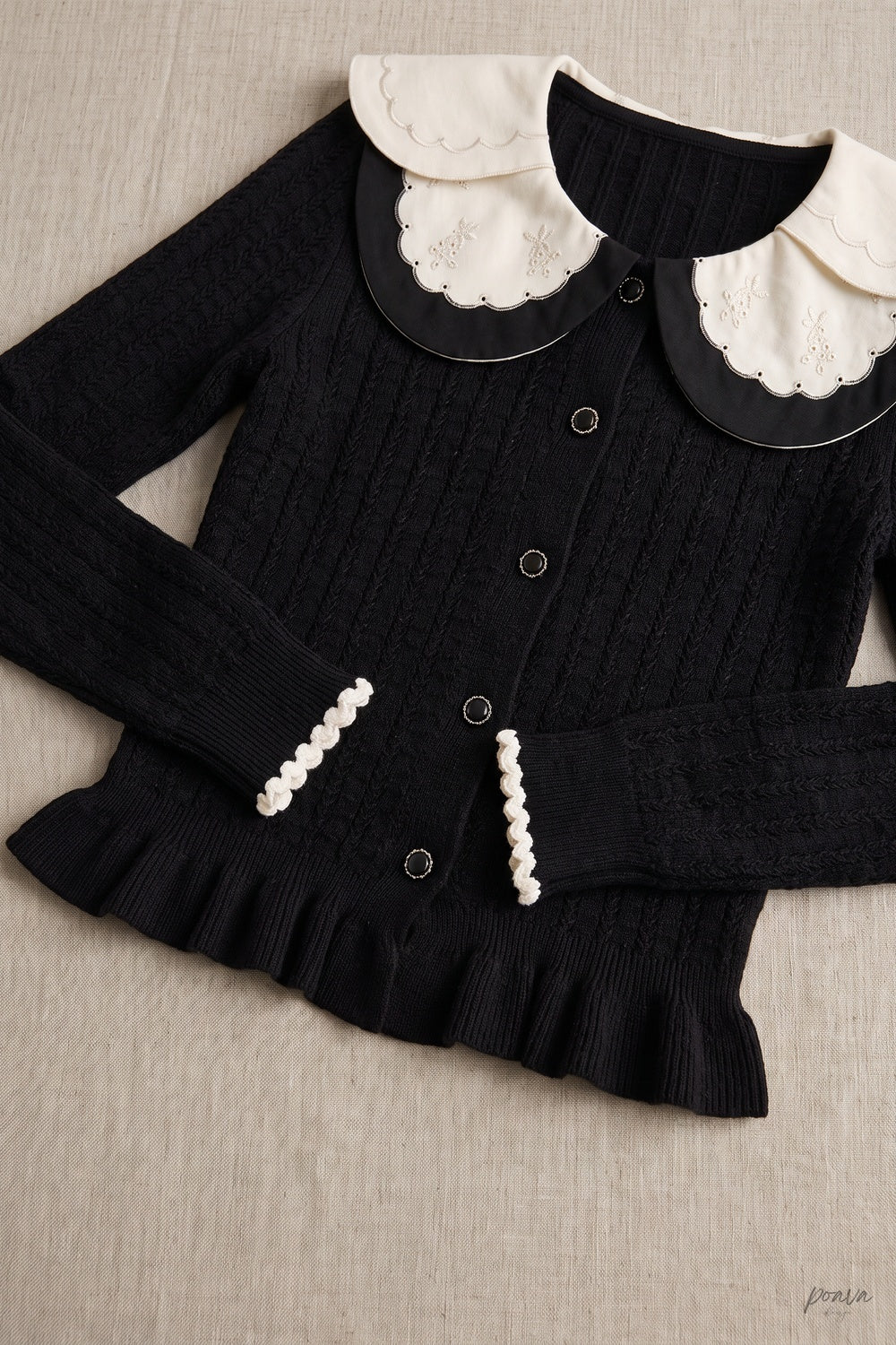 Black Peplum Cardigan with White Scalloped Collar Black Fine knit blend Cardigan - product view 6