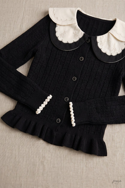 Black Peplum Cardigan with White Scalloped Collar Black Fine knit blend Cardigan - product view 6