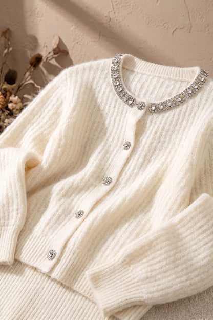 Off-White Fuzzy Knit Cardigan & Midi Skirt Set with Crystal Neckline Trim Off-white, Cream Fuzzy knit (mohair or angora blend) Two-piece knit set (cardigan and skirt) - product view 6