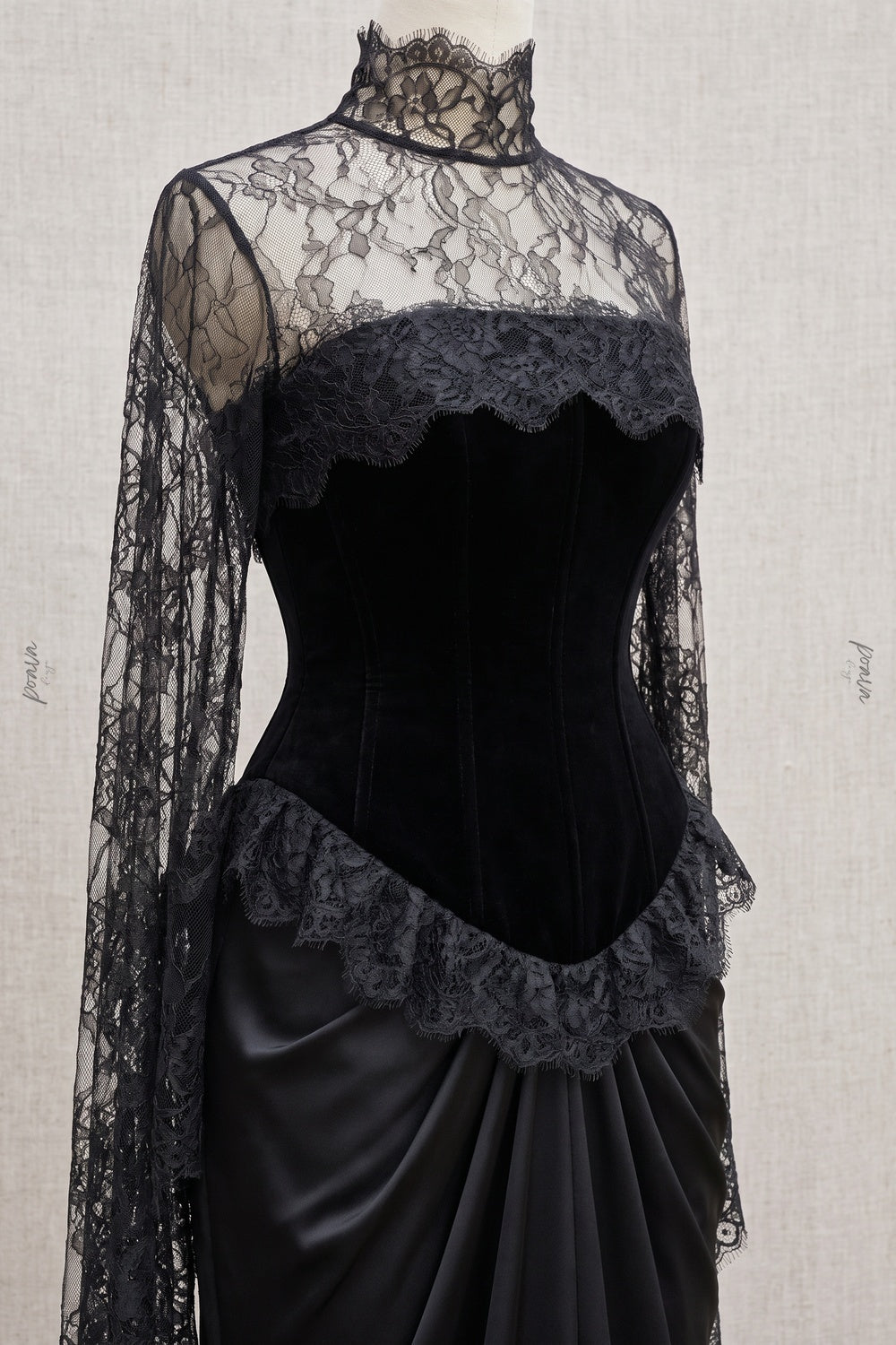 Black Velvet Corset Evening Gown with Lace Cape Sleeves and Satin Skirt black velvet bodice, satin skirt evening gown - product view 6