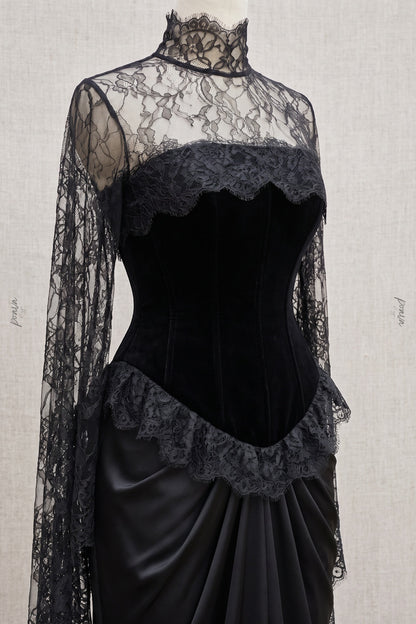 Black Velvet Corset Evening Gown with Lace Cape Sleeves and Satin Skirt black velvet bodice, satin skirt evening gown - product view 6