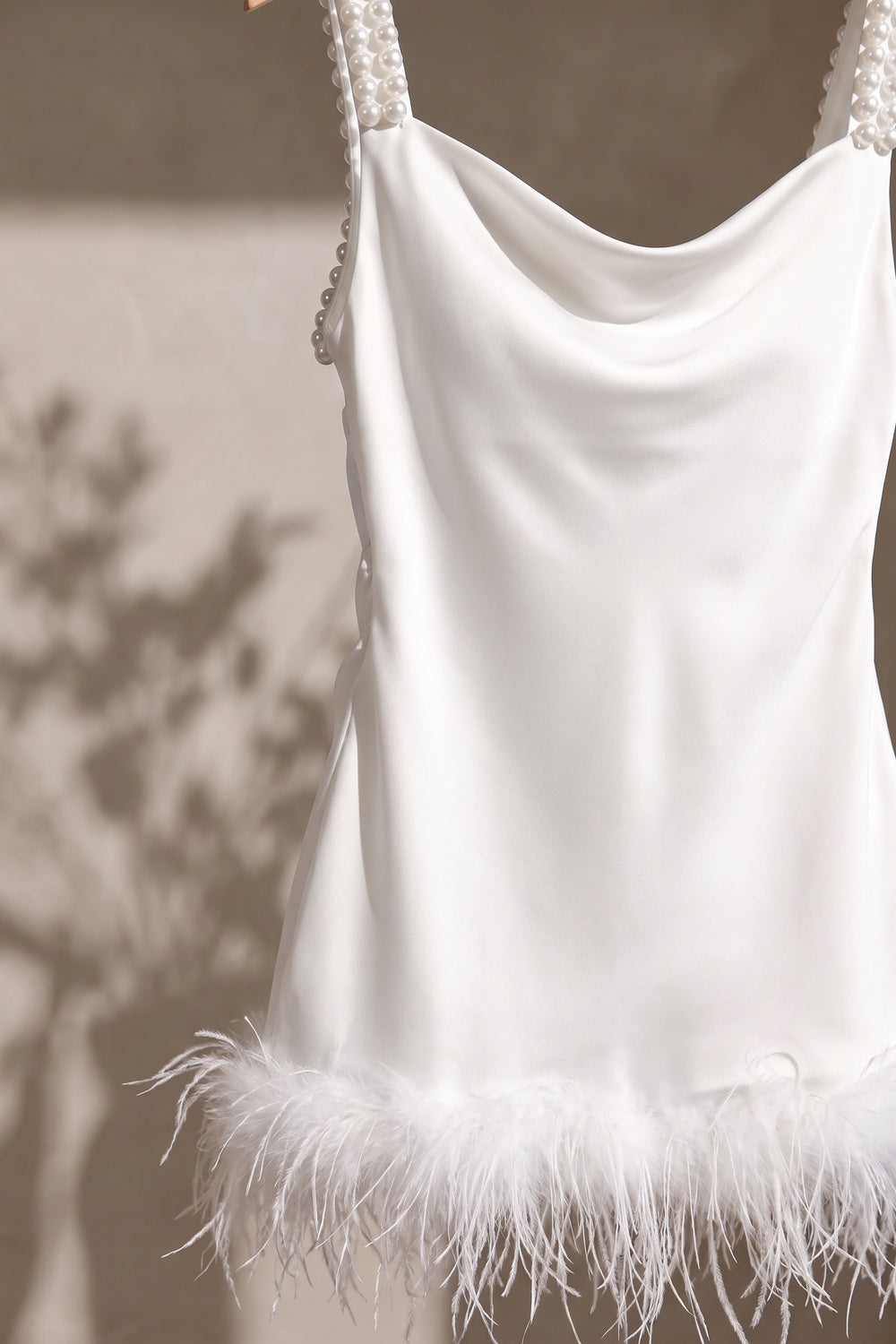 White Satin Sheath Dress with Feather Trim white satin dress - product view 6