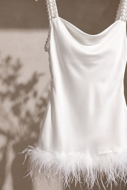 White Satin Sheath Dress with Feather Trim white satin dress - product view 6