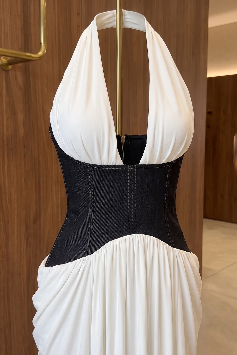 White Fluid Jersey Column Evening Gown with Structured Black Waist white fluid white jersey or crepe evening gown - product view 6