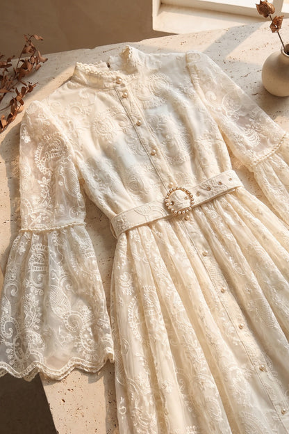 Cream Embroidered Floral Lace A-Line Dress Cream, Off-white Embroidered floral lace Dress - product view 6