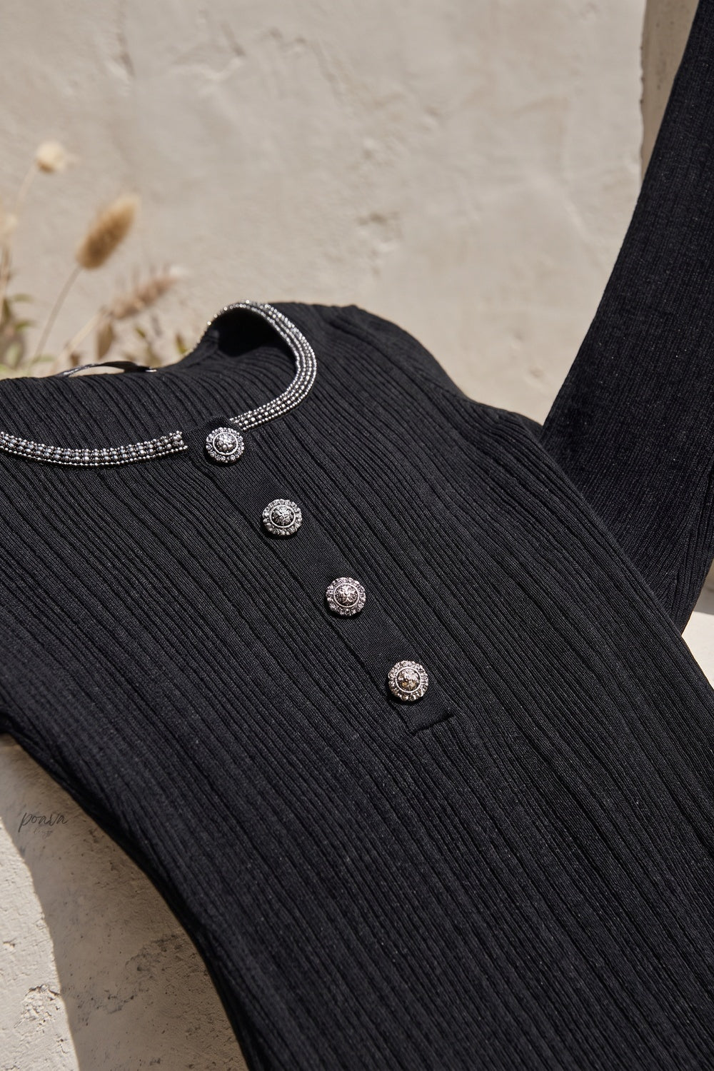 Black Ribbed Knit Fitted Top with Metallic Detail black ribbed knit knit top - product view 6