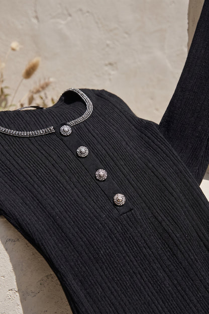 Black Ribbed Knit Fitted Top with Metallic Detail black ribbed knit knit top - product view 6