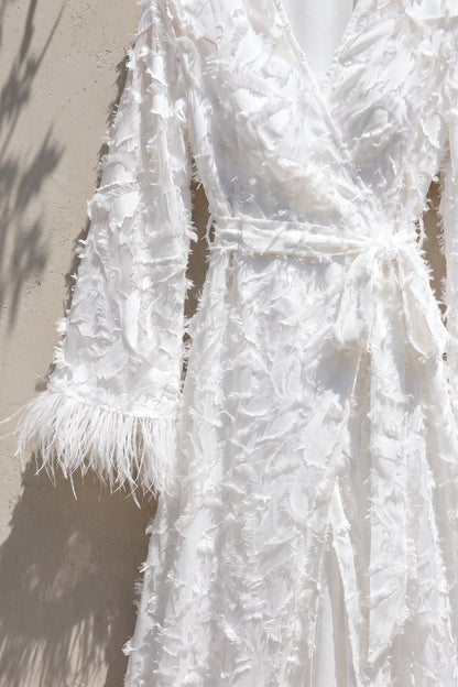 White Textured Eyelash Fabric A-Line Wrap Maxi Dress with Feather Trim white textured eyelash/shredded-ribbon fabric wrap maxi dress - product view 6