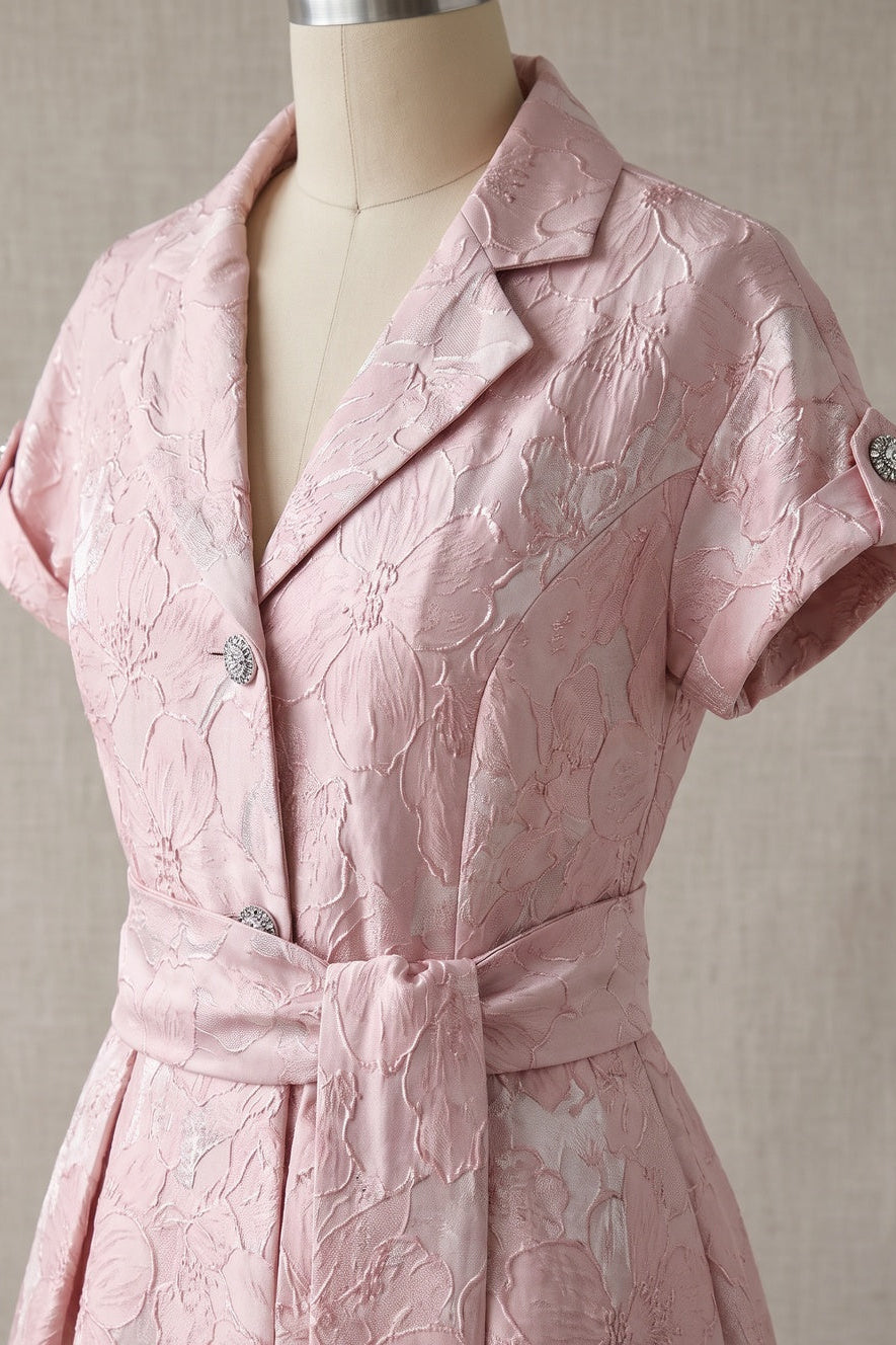 Pale Pink Floral Jacquard Fit-and-Flare Midi Dress with Metallic Sheen Pale pink Floral jacquard / brocade Midi dress - product view 6