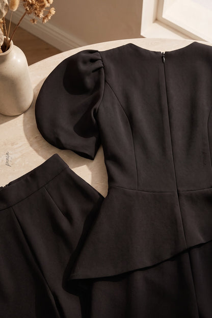 Black Structured Crepe Two-Piece Set with Puff Sleeves and Asymmetrical Peplum black Structured mid-weight crepe Two-piece set (top and trousers) - product view 6