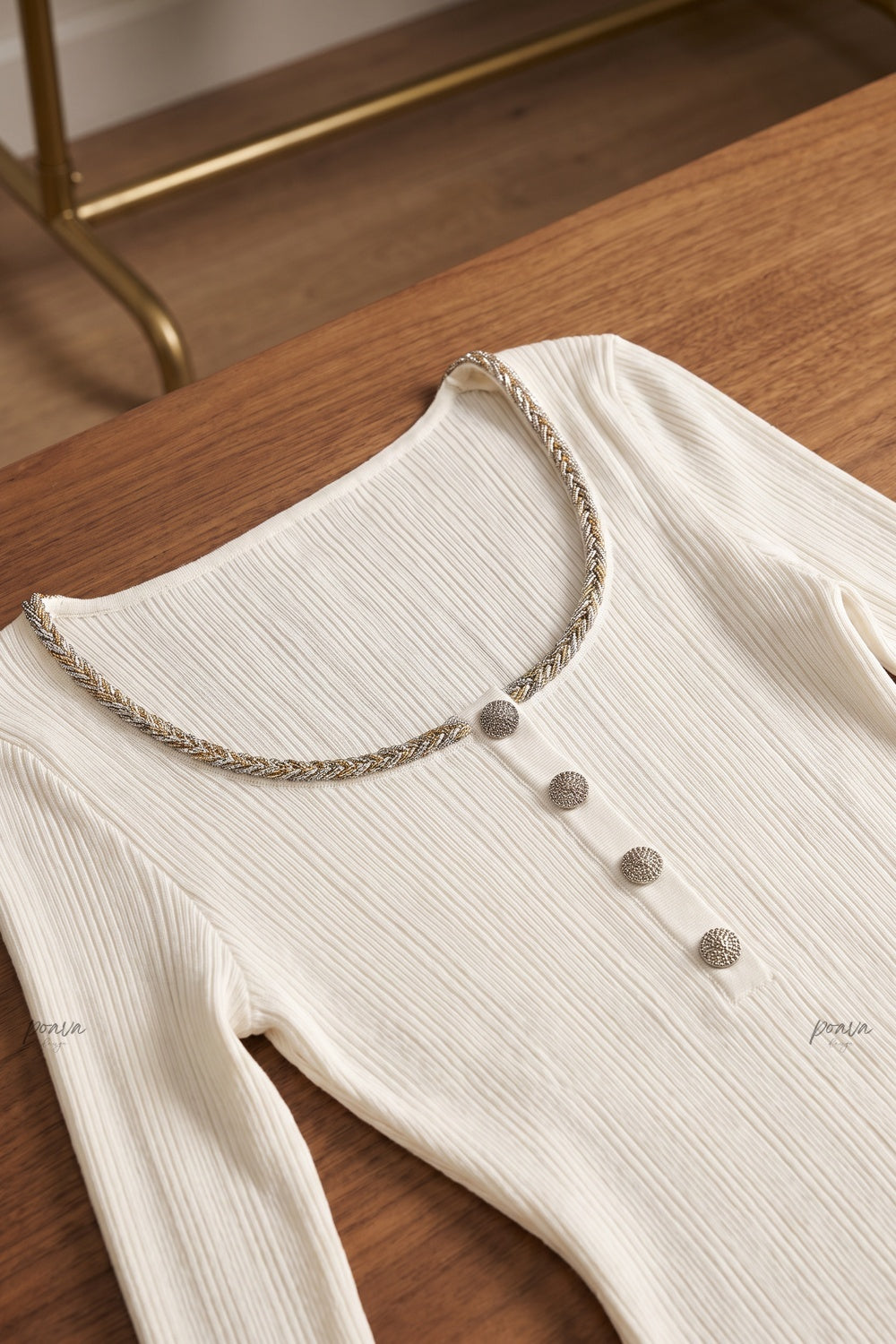 Ivory Ribbed Knit Top with Metallic Beaded Scoop Neckline ivory, off-white ribbed knit knit top - product view 6