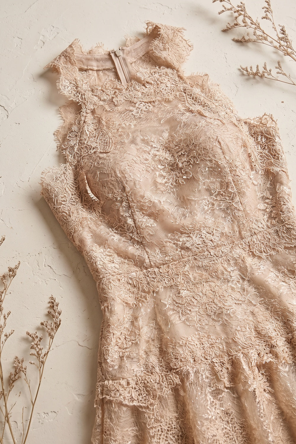 Beige Corded Floral Lace A-Line Midi Dress with Asymmetrical Hem beige, champagne corded floral lace dress - product view 6