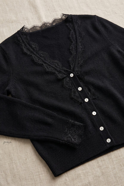 Black Fine Knit Fitted Cardigan with Lace Trim black fine knit cardigan - product view 6