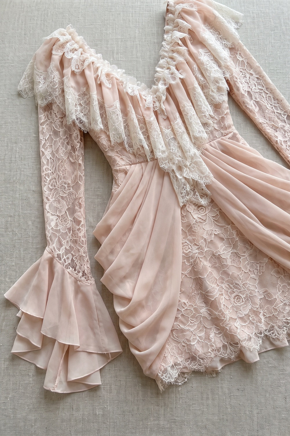 Blush Pink Floral Lace Mini Dress with Draped Chiffon Ruffles blush pink floral lace mini dress - product view 4