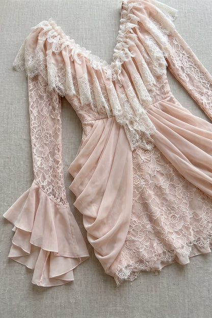 Blush Pink Floral Lace Mini Dress with Draped Chiffon Ruffles blush pink floral lace mini dress - product view 4