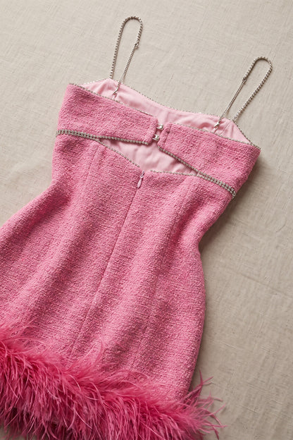 Pink Tweed Sheath Mini Dress with Rhinestone Cutout and Feather Trim pink tweed mini dress - product view 6