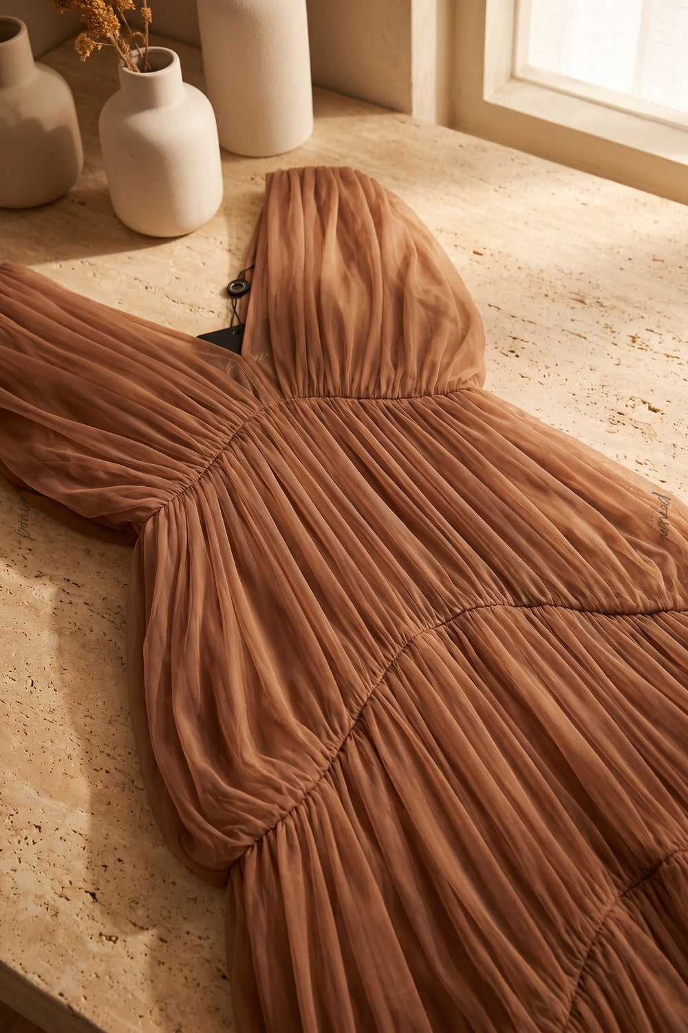 Brown Sheer Tulle Mesh Tiered Cocoon Dress brown sheer tulle mesh dress - product view 6