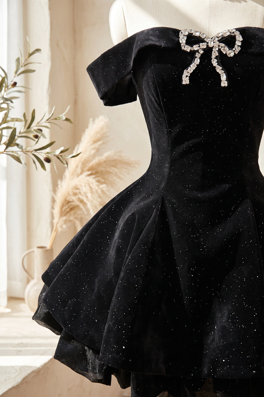 Black Velvet Fit-and-Flare Mini Dress with Rhinestone Bow black velvet dress - product view 6