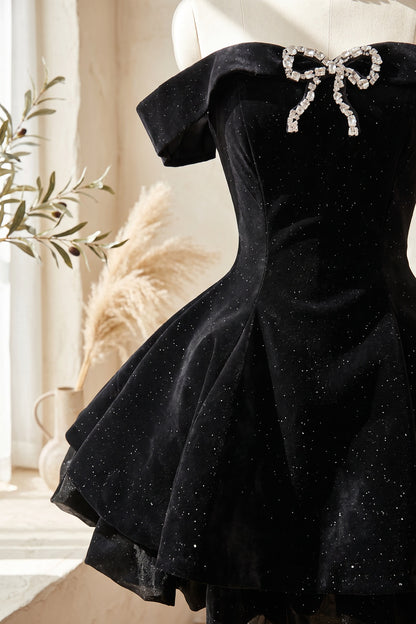 Black Velvet Fit-and-Flare Mini Dress with Rhinestone Bow black velvet dress - product view 6