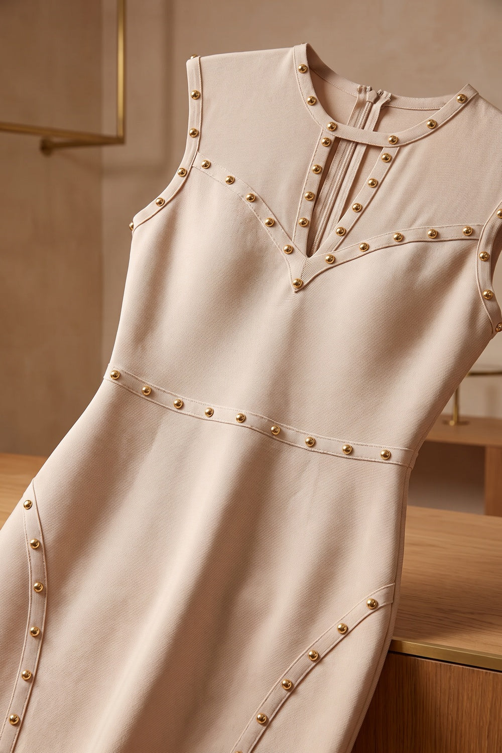 Beige Dome Stud Sheath Bodycon Dress beige dense stretch knit dress - product view 6