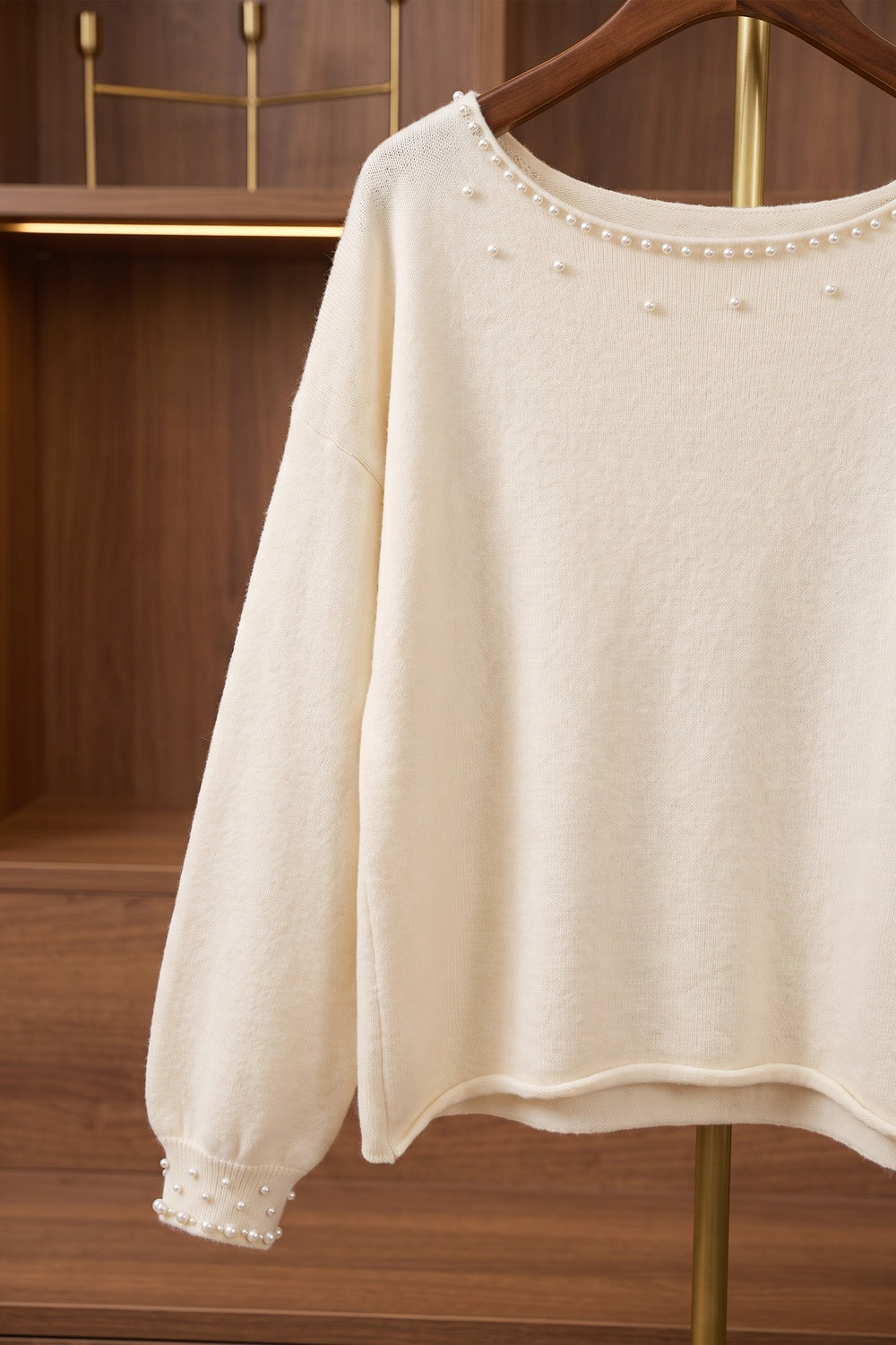 Relaxed Cream Knit Sweater with Pearl Bead Embellishments cream, off-white fine-gauge knit sweater - product view 6