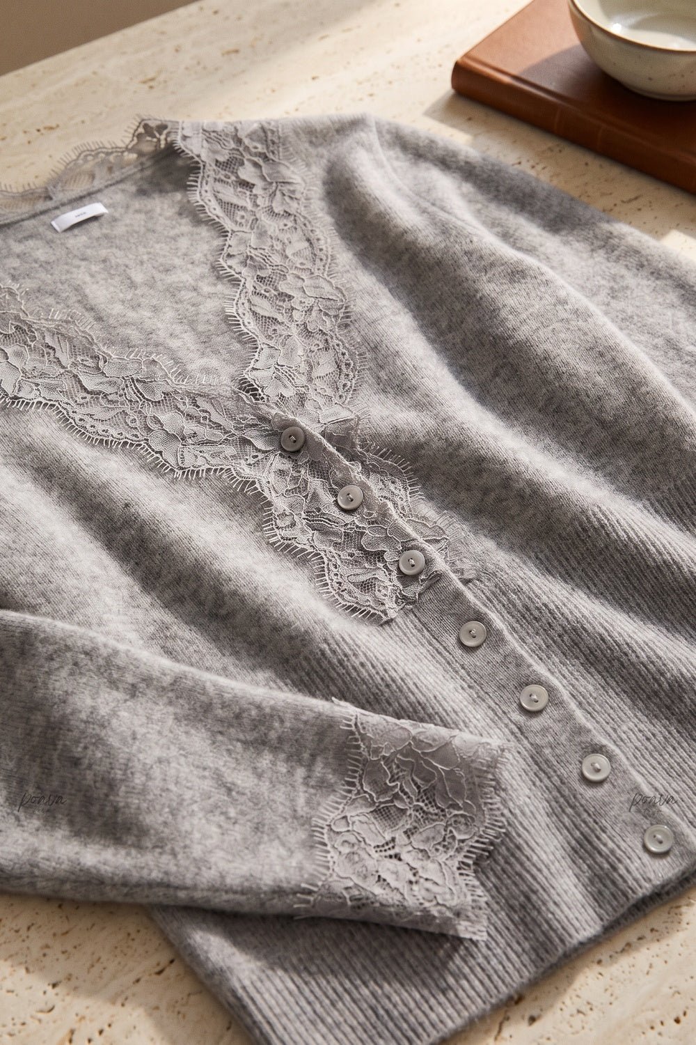 Heather Grey Fine-Knit Cardigan with Delicate Lace Trim heather grey fine knit, likely cashmere or wool blend cardigan - product view 6