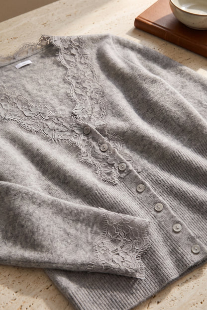 Heather Grey Fine-Knit Cardigan with Delicate Lace Trim heather grey fine knit, likely cashmere or wool blend cardigan - product view 6