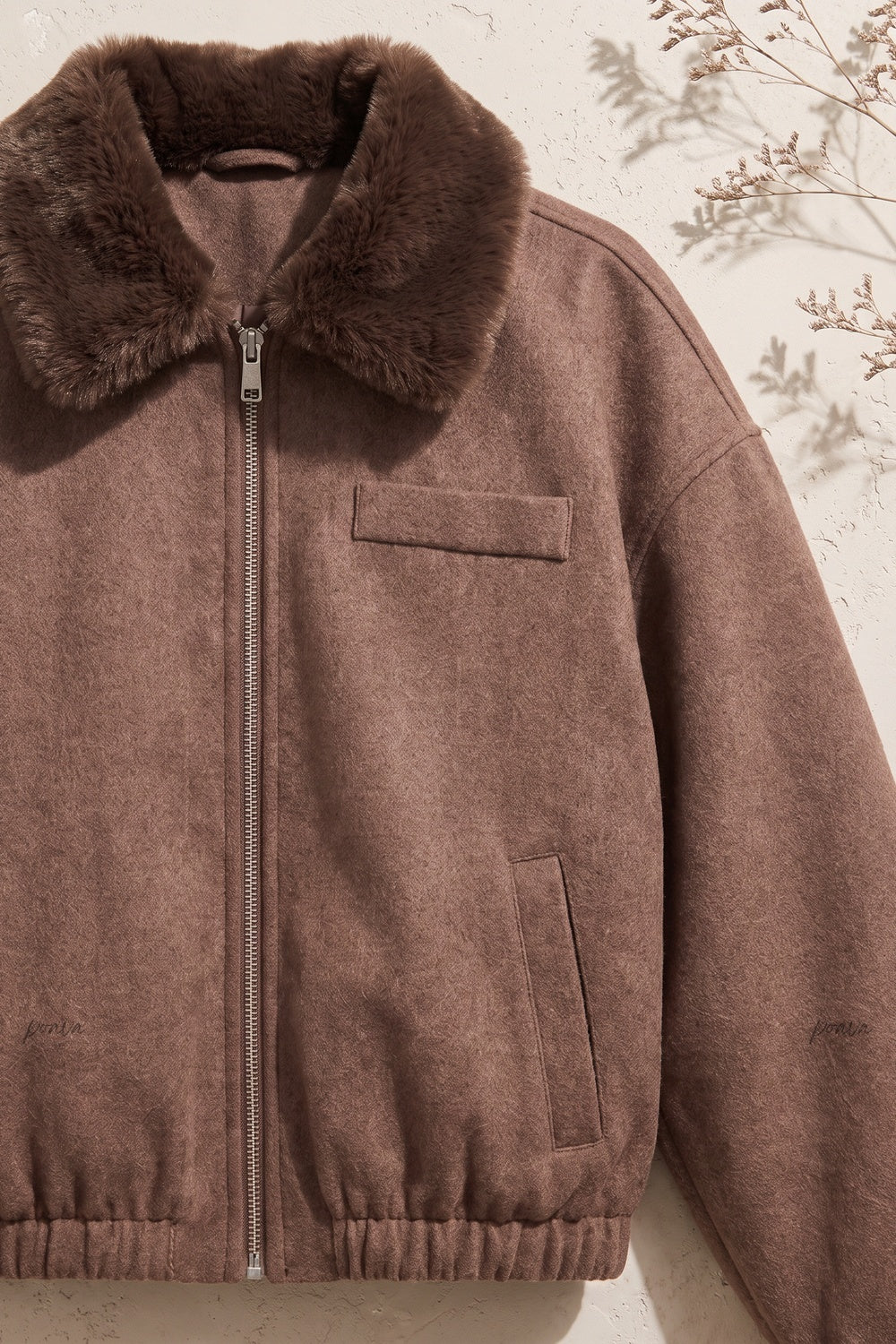Medium Brown Boxy Bomber Jacket with Faux Fur Collar medium brown brushed woven fabric bomber jacket - product view 6