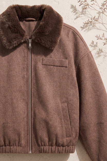 Medium Brown Boxy Bomber Jacket with Faux Fur Collar medium brown brushed woven fabric bomber jacket - product view 6