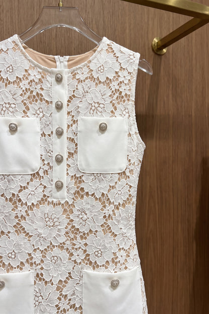 White Floral Lace Shift Dress with Button Pockets white floral lace dress - product view 6