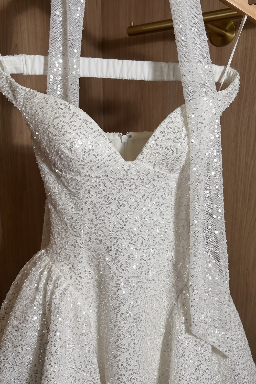 White Sequined Mesh Fit-and-Flare Mini Dress with Matching Neck Scarf white, silver sequined mesh mini dress with matching neck scarf - product view 6
