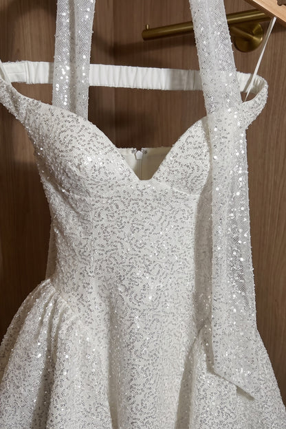 White Sequined Mesh Fit-and-Flare Mini Dress with Matching Neck Scarf white, silver sequined mesh mini dress with matching neck scarf - product view 6