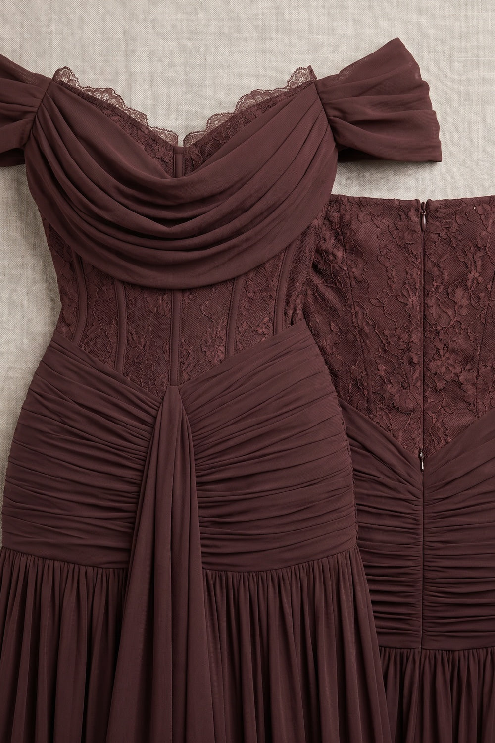 Chocolate Brown Chiffon Mesh Fitted Drop-Waist Gown chocolate brown chiffon mesh gown - product view 6