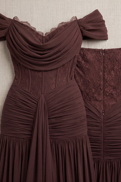 Chocolate Brown Chiffon Mesh Fitted Drop-Waist Gown chocolate brown chiffon mesh gown - product view 6