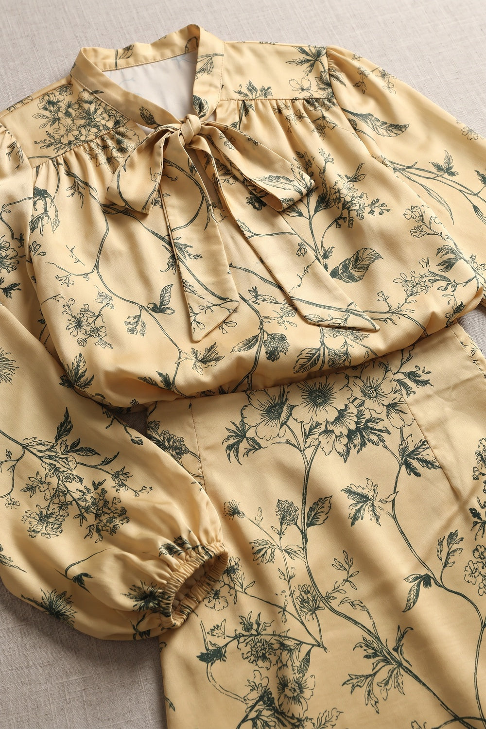 Pale Yellow Botanical Floral Two-Piece Set pale yellow satin-weave synthetic or silk blend two-piece set - product view 6