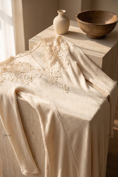 Cream Ribbed Knit Maxi Dress with Lace V-Neck cream, off-white, beige, light purple fine ribbed knit maxi dress - product view 6